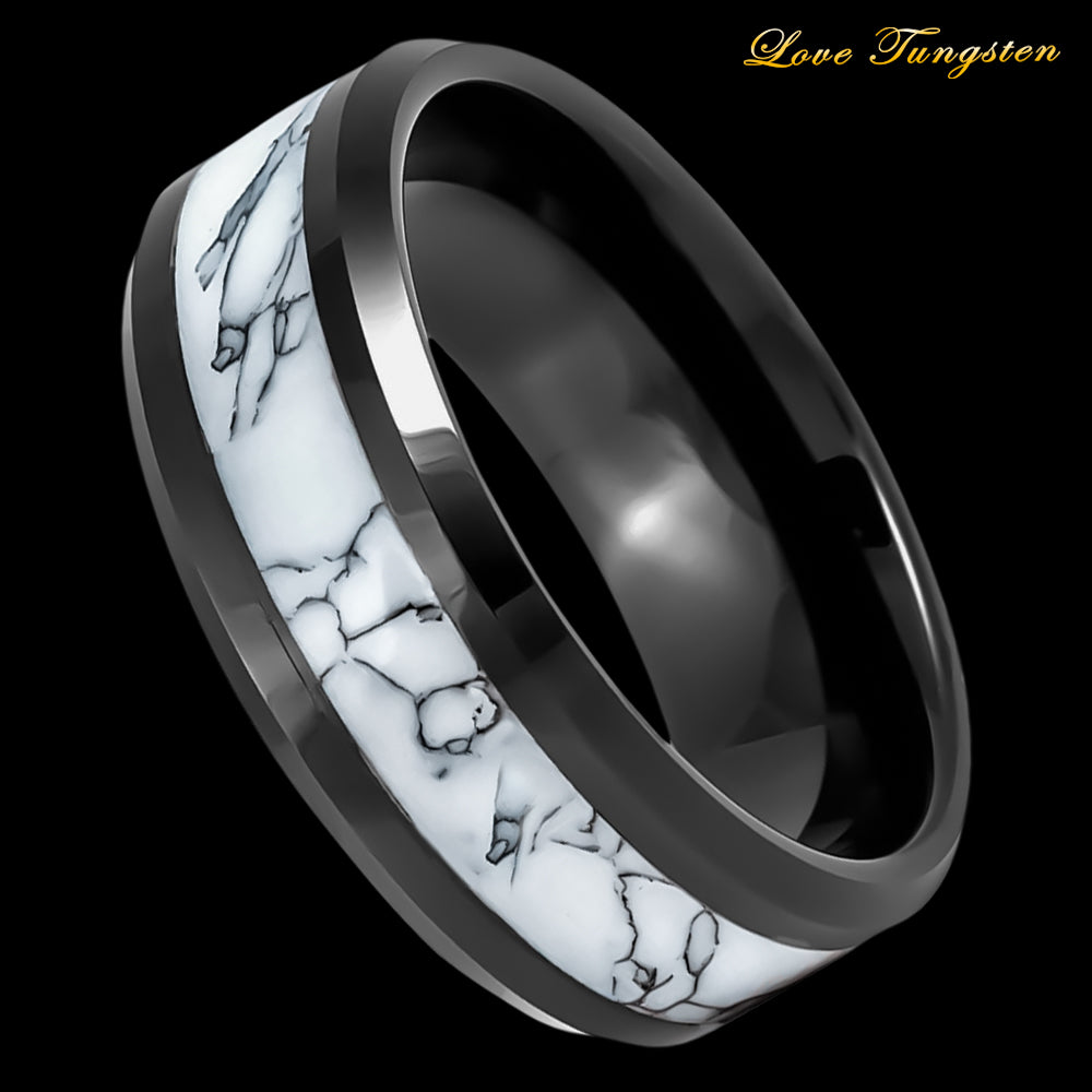 Bold White Turquoise Inlay Beveled Edge Tungsten Ring - 8mm