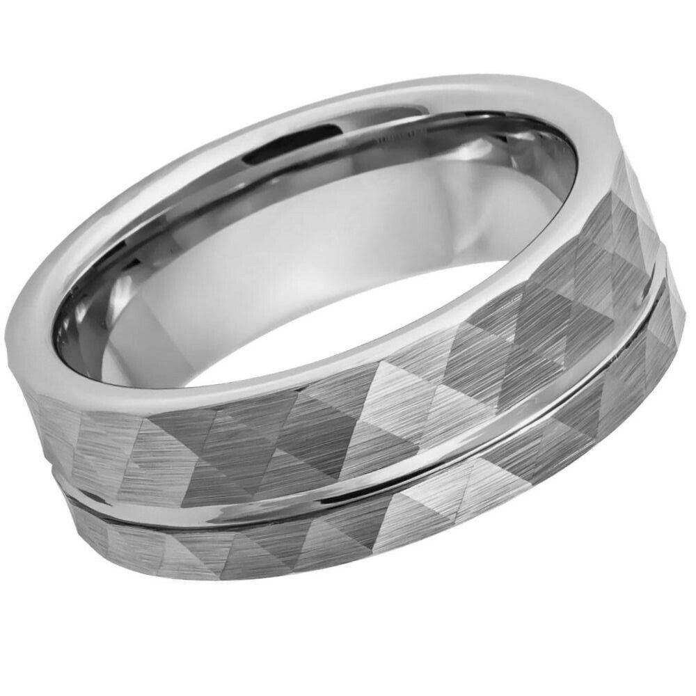Faceted Ring with Off-center Groove Tungsten Ring – 8 mm - Love Tungsten