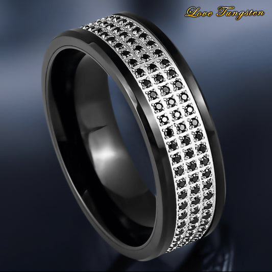 3-Row Black CZ Eternity Black IP Plated Tungsten Ring - 8mm