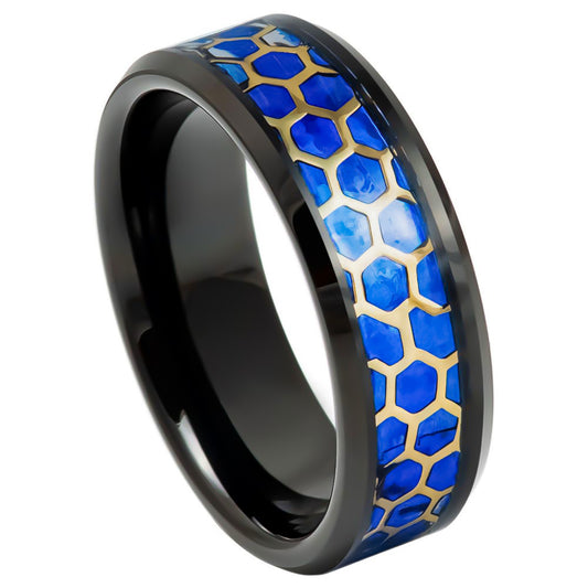 Honeycomb Cut-out Blue Opal Inlay Tungsten Ring - 8mm