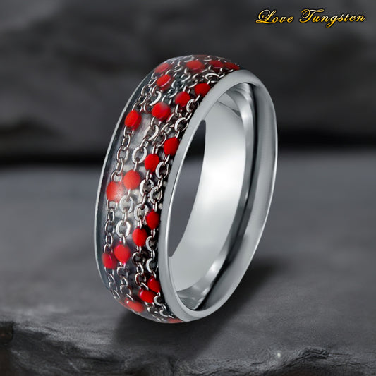 Cable Chain & Red Beads Inlay Dome Tungsten Ring - 8mm
