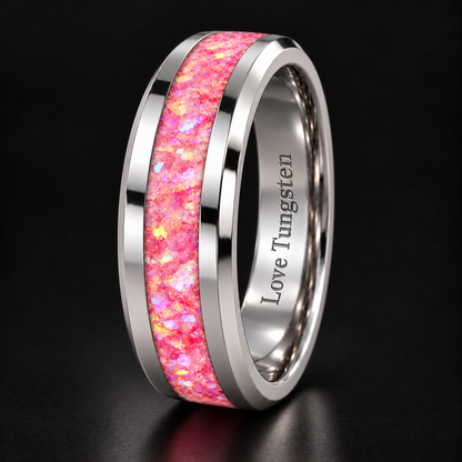Pink Opal Design Inlay 6mm Silver Tungsten Ring | Pretty in Pink