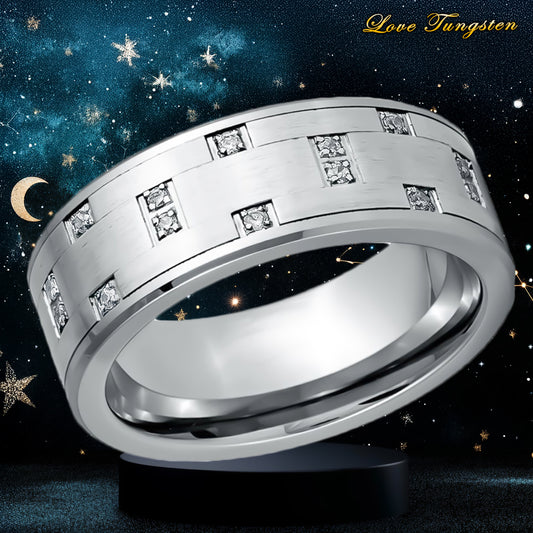 Constellation White CZ Brushed 8mm Tungsten Ring