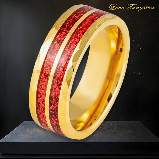 Dual Red Spark Inlay Faceted Yellow Gold IP Tungsten Ring – 8mm