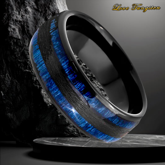 Exotic Blue Wood Inlay Black IP Tungsten Ring - 8mm