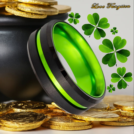 Green Center Grooved with Anodized Aluminum Sleeve Black IP Plated Tungsten Ring –  8mm