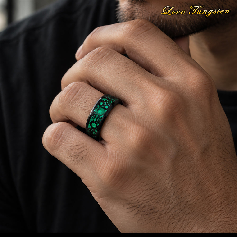 Green Steampunk Gears & Carbon Fiber Inlay 8 mm Tungsten Ring