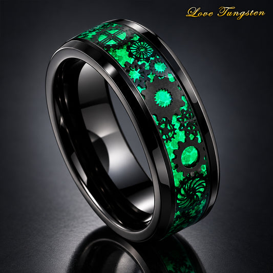 Green Steampunk Gears & Carbon Fiber Inlay 8 mm Tungsten Ring