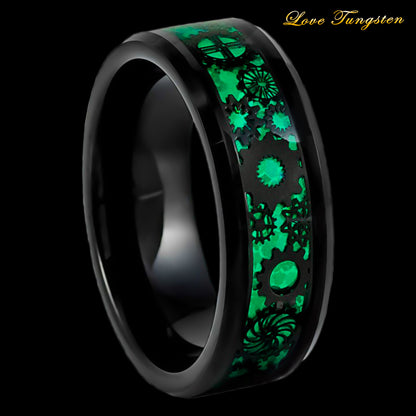 Green Steampunk Gears & Carbon Fiber Inlay 8 mm Tungsten Ring