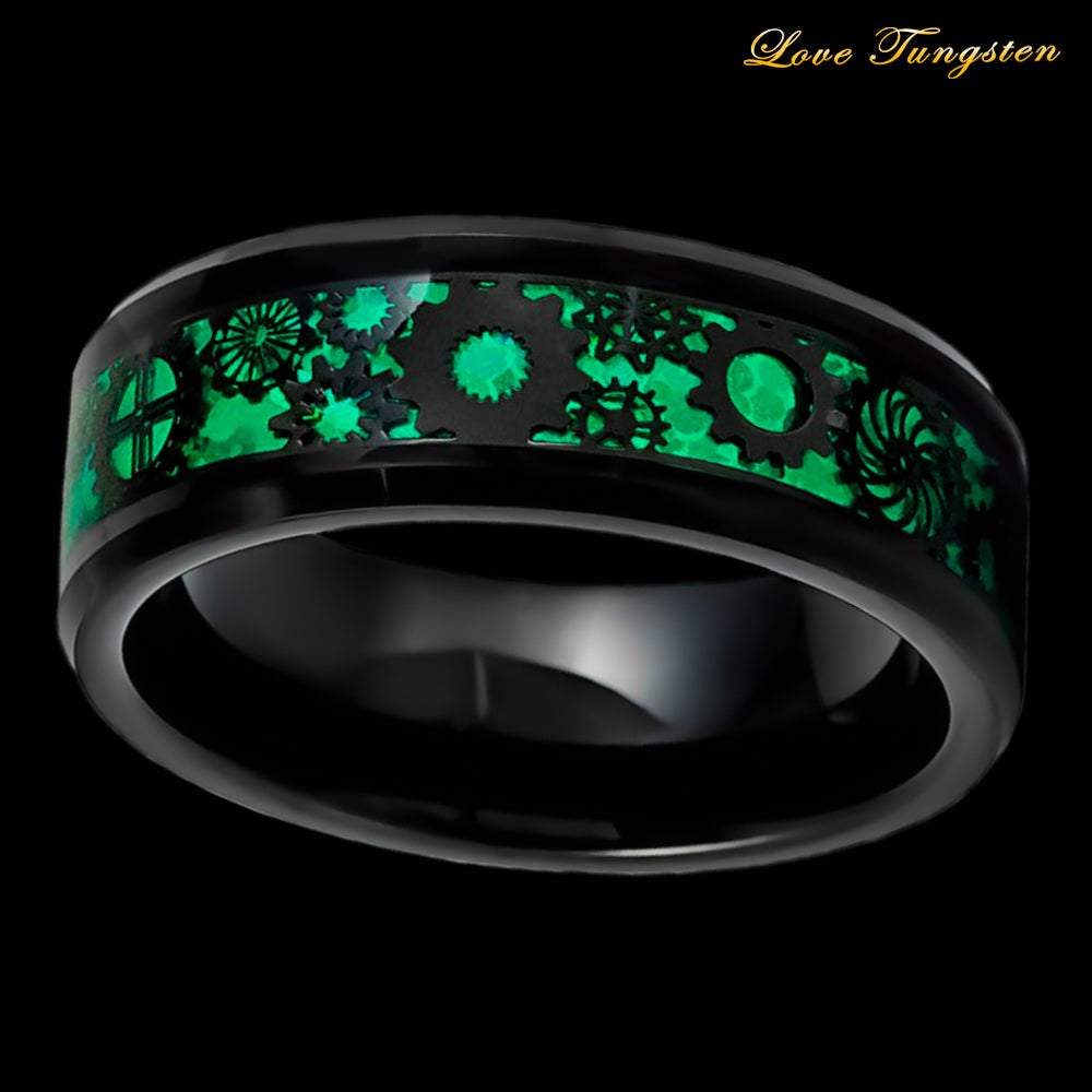 Green Steampunk Gears & Carbon Fiber Inlay 8 mm Tungsten Ring
