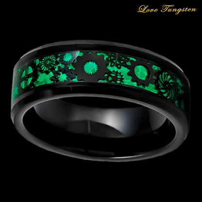 Green Steampunk Gears & Carbon Fiber Inlay 8 mm Tungsten Ring