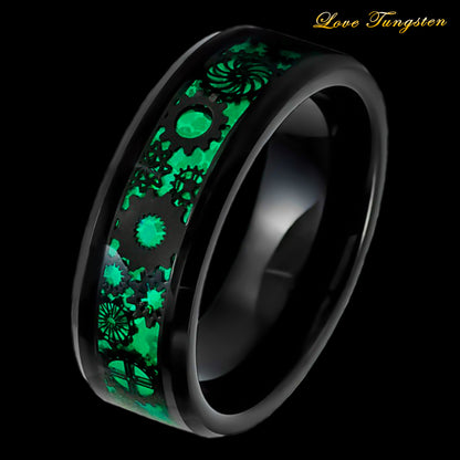Green Steampunk Gears & Carbon Fiber Inlay 8 mm Tungsten Ring