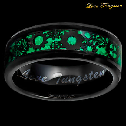 Green Steampunk Gears & Carbon Fiber Inlay 8 mm Tungsten Ring