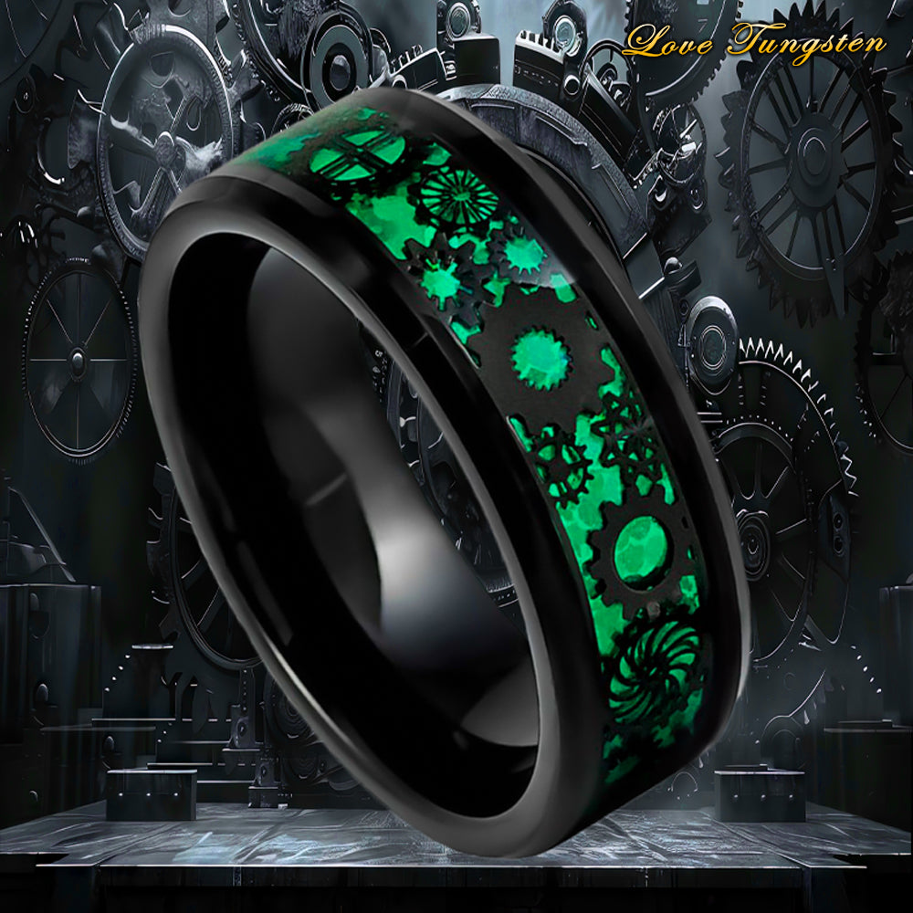 Green Steampunk Gears & Carbon Fiber Inlay 8 mm Tungsten Ring