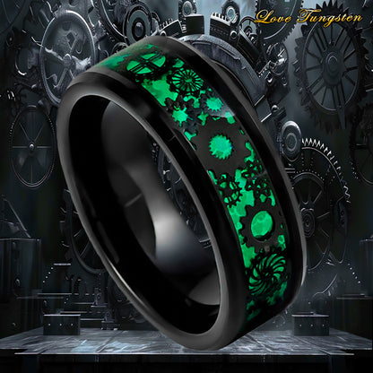 Green Steampunk Gears & Carbon Fiber Inlay 8 mm Tungsten Ring