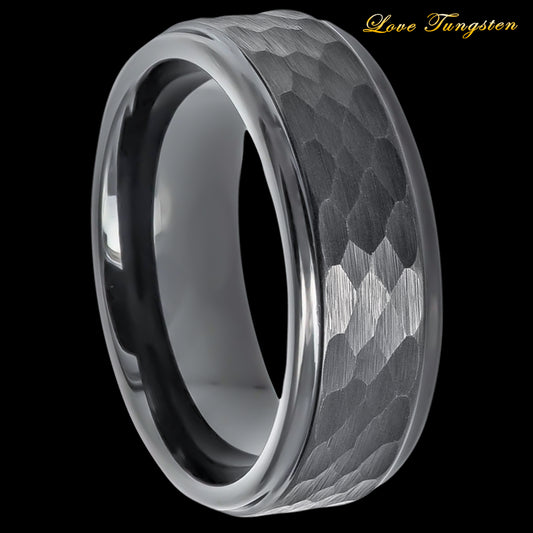 Gun Metal IP Plated Hammered Center Tungsten Ring - 8mm