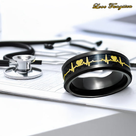 Heartbeat Black & Yellow IP Tungsten Ring - 8mm