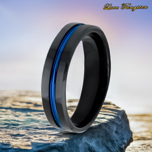 High Polished Beveled Edge Black IP Blue Tungsten Ring - 6mm