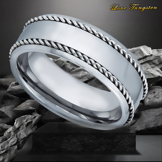 High Polished Domed Tungsten Ring with Rope Stainless Steel Inlay - 8mm | Love Tungsten