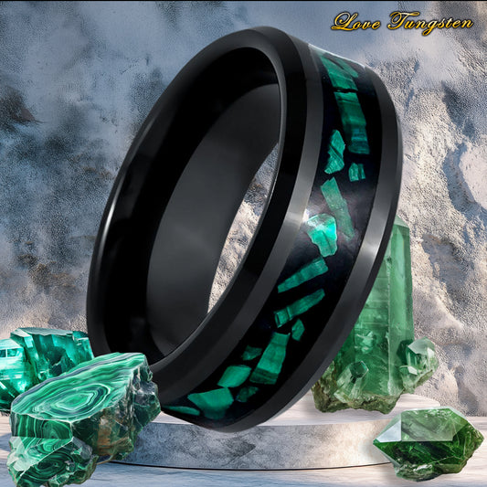 Malachite Green Copper Fragments Inlay Black IP 8mm Tungsten Ring