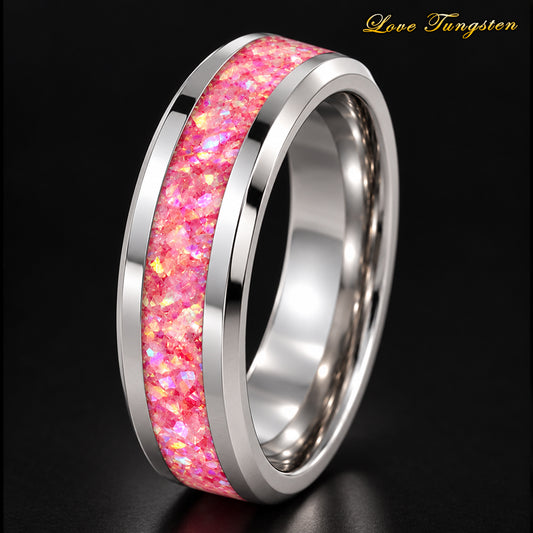 Pink Opal Design Inlay 6mm Silver Tungsten Ring | Pretty in Pink
