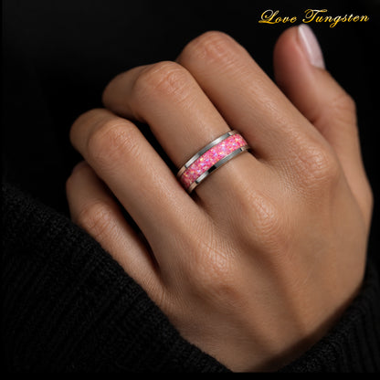 Pink Opal Design Inlay 6mm Silver Tungsten Ring | Pretty in Pink