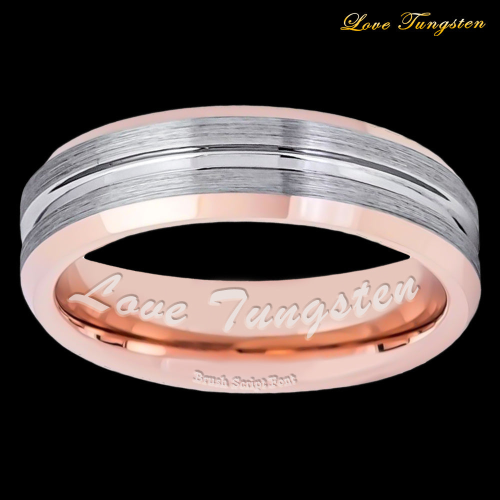 Rose Gold & Brushed Gunmetal Grooved 6mm Tungsten Ring