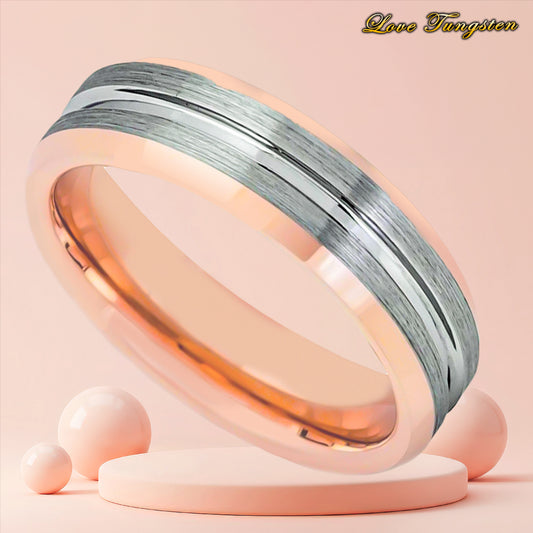 Rose Gold & Brushed Gunmetal Grooved 6mm Tungsten Ring