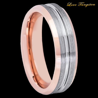 Rose Gold & Brushed Gunmetal Grooved 6mm Tungsten Ring