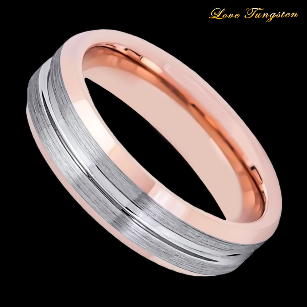 Rose Gold & Brushed Gunmetal Grooved 6mm Tungsten Ring
