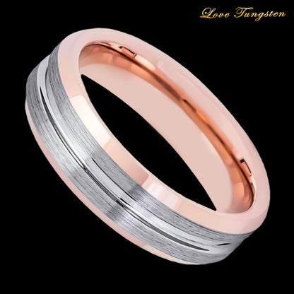 Rose Gold & Brushed Gunmetal Grooved 6mm Tungsten Ring