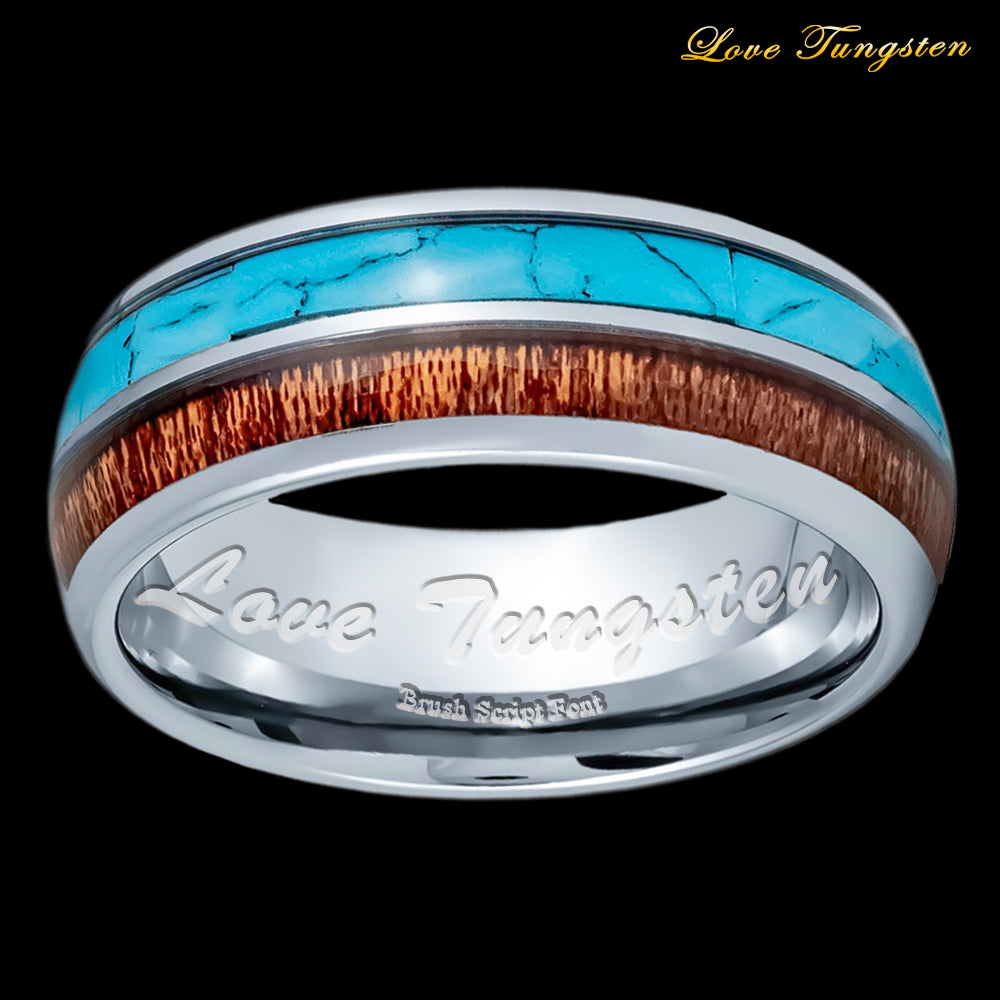 Turquoise & Koa Wood Inlay Dome Tungsten Ring - 8mm