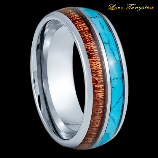 Turquoise & Koa Wood Inlay Dome Tungsten Ring - 8mm