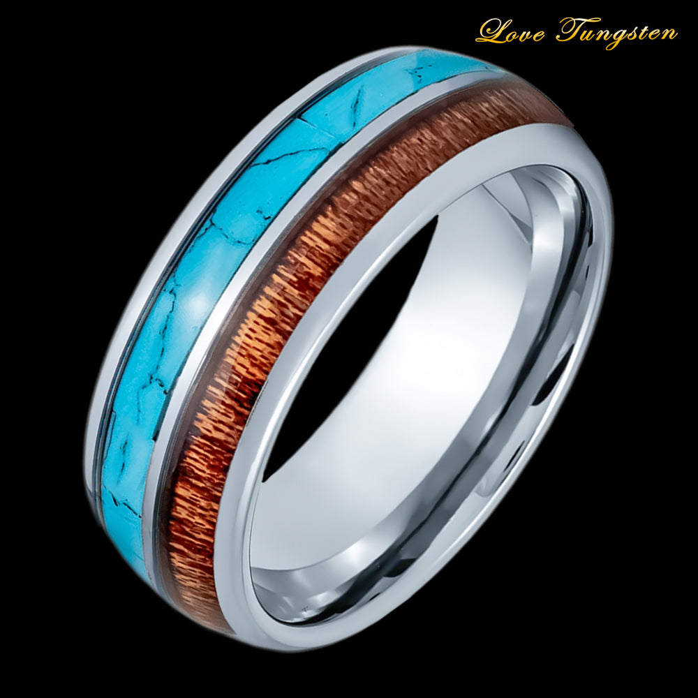 Turquoise & Koa Wood Inlay Dome Tungsten Ring - 8mm