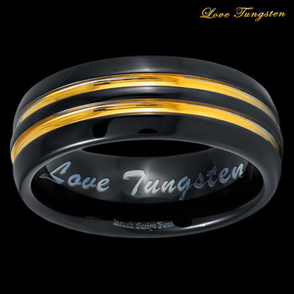 Twin Yellow Stripes Black IP Domed 8mm Tungsten Ring