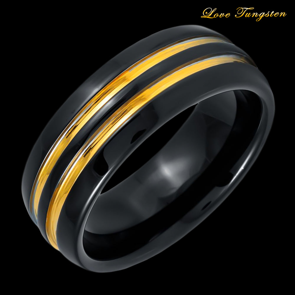 Twin Yellow Stripes Black IP Domed 8mm Tungsten Ring