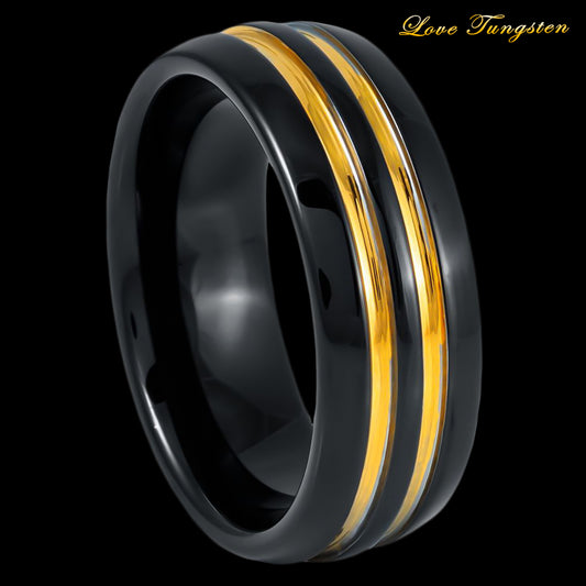 Twin Yellow Stripes Black IP Domed 8mm Tungsten Ring