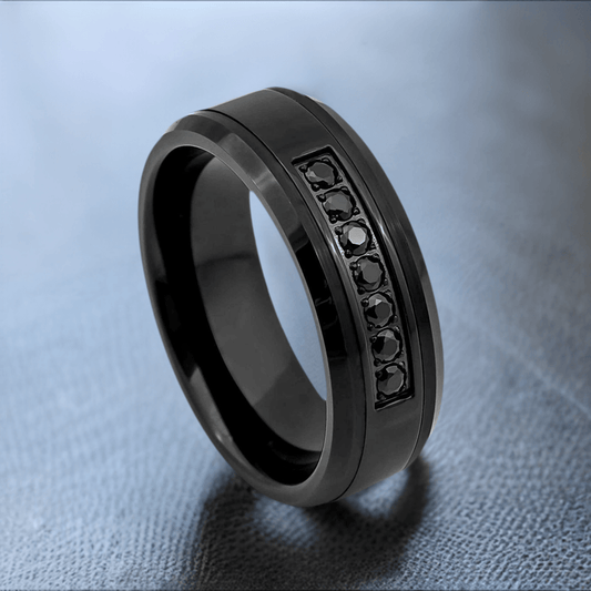 All Black Center Black CZ with Beveled Edge Black IP Tungsten Ring – 8 mm - Love Tungsten