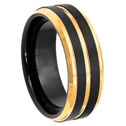Black & Yellow Plated Pinstripe Tungsten Ring - 8mm - Love Tungsten
