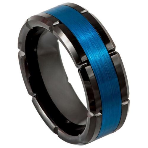 Brushed Center Shiny Edges Black & Blue IP Plated Tungsten Ring – 8 mm - Love Tungsten