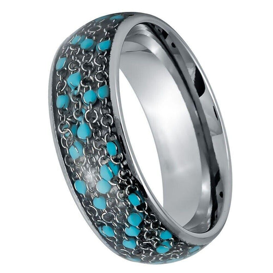 Cable Chain & Blue Beads Inlay Dome Tungsten Ring - 8mm - Love Tungsten