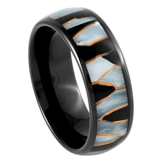 Capiz, Resin & Gold Inlay Black IP Tungsten Ring - 8mm - Love Tungsten