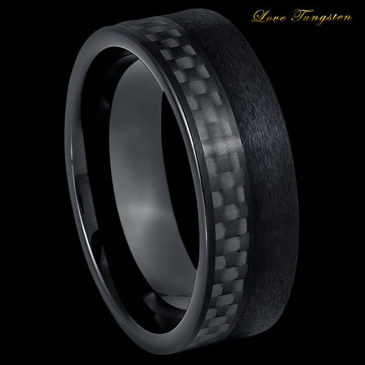 Carbon Fiber Inlay Black IP Tungsten Ring - 8mm - Love Tungsten