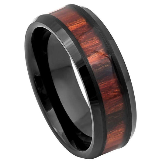Dark Mahogany Wood Inlay Beveled Edge Black IP Tungsten Ring – 8 mm - Love Tungsten