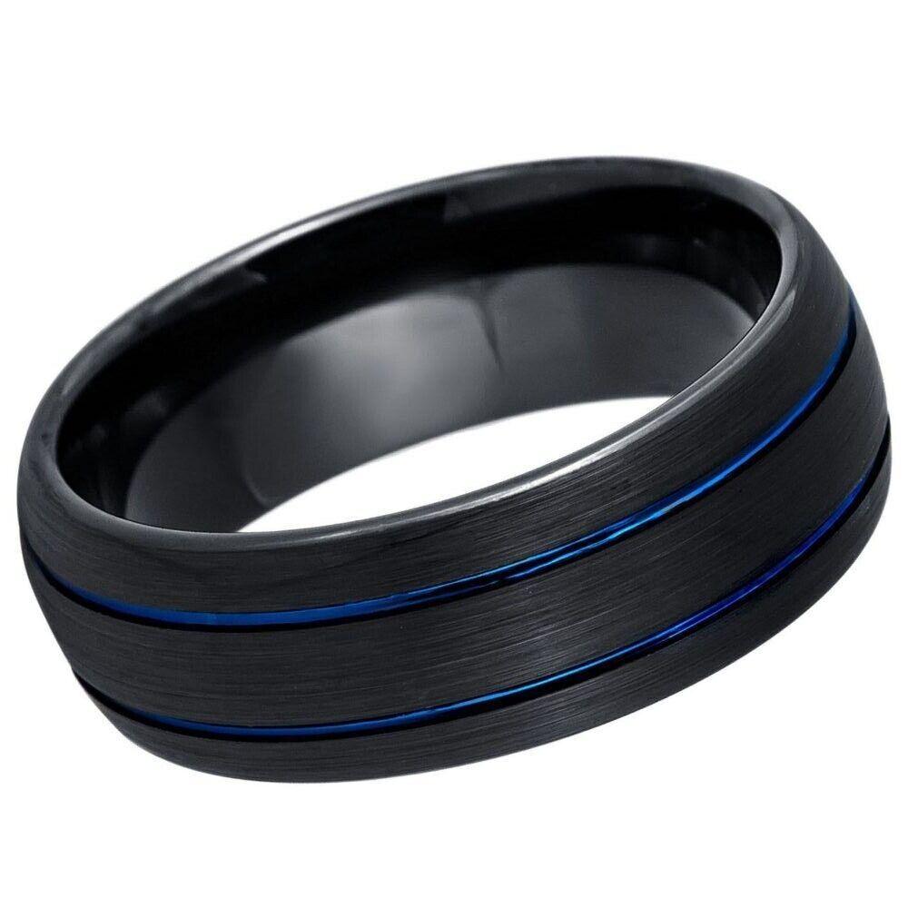 Dome Black IP Tungsten Ring with Two Blue IP Grooves - 8mm - Love Tungsten
