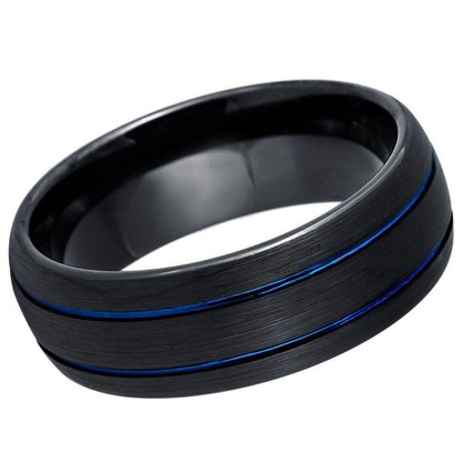 Dome Black IP Tungsten Ring with Two Blue IP Grooves - 8mm - Love Tungsten