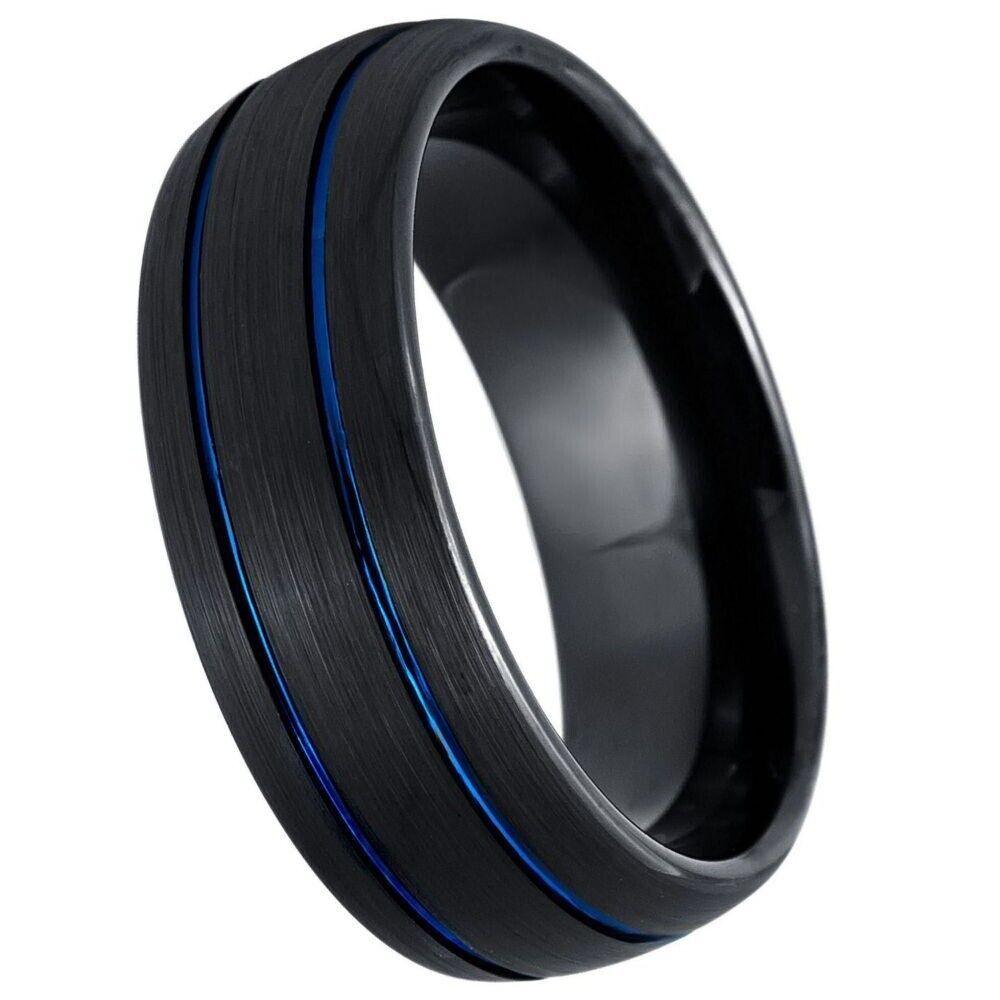 Dome Black IP Tungsten Ring with Two Blue IP Grooves - 8mm - Love Tungsten