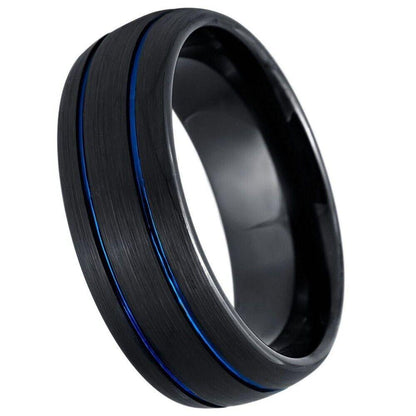 Dome Black IP Tungsten Ring with Two Blue IP Grooves - 8mm - Love Tungsten
