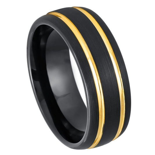 Dome Black IP Tungsten, Two Yellow IP Grooves Tungsten Ring - 8 mm - Love Tungsten