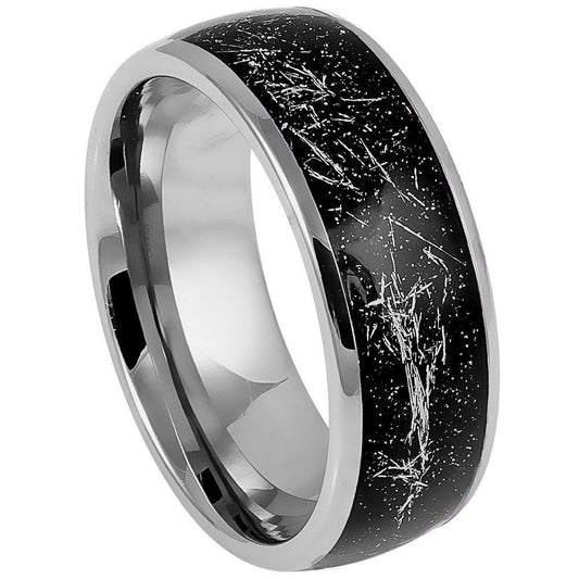 Domed Black Carbon Fiber Tungsten Ring with Metallic Shavings Inlay - 8mm - Love Tungsten